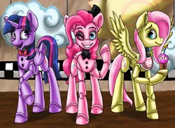 Size: 3000x2181 | Tagged: safe, artist:artyjoyful, derpibooru import, fluttershy, pinkie pie, twilight sparkle, twilight sparkle (alicorn), alicorn, pony, animatronic, bowtie, crossover, cupcake, female, five nights at freddy's, hat, mare, top hat