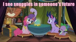 Size: 1005x565 | Tagged: crystal ball, derpibooru import, eye contact, image macro, imma snuggle you, implied shipping, madame pinkie, open mouth, pillow, pinkie pie, pink text, safe, sitting, smiling, snuggling, spike, turban, twilight sparkle