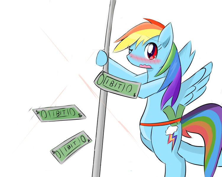 Size: 2044x1632 | Tagged: questionable, artist:timorikawa, derpibooru import, rainbow dash, pegasus, pony, semi-anthro, bipedal, bipedal leaning, bits, blushing, female, leaning, looking at you, mare, money, one eye closed, open mouth, pixiv, pole, pole dancing, simple background, solo, spread wings, wavy mouth, white background