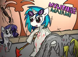 Size: 1823x1324 | Tagged: semi-grimdark, artist:timorikawa, derpibooru import, derpy hooves, rarity, vinyl scratch, pegasus, pony, axe, blood, engrish, female, gun, hotline miami, mare, misspelling, parody, pixiv, shotgun, weapon