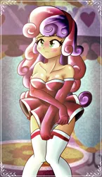 Size: 893x1539 | Tagged: artist:ruhisu, blushing, breasts, cleavage, clothes, covering, derpibooru import, dress, embarrassed, female, gift art, human, humanized, older, solo, standing, suggestive, sweetie belle