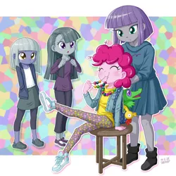 Size: 1000x1000 | Tagged: safe, artist:uotapo, derpibooru import, boneless, gummy, limestone pie, marble pie, maud pie, pinkie pie, equestria girls, :o, annie, annie (2014 movie), blushing, clothes, cute, diapinkes, equestria girls-ified, eyes closed, female, gummybetes, limabetes, little orphan annie, marblebetes, maudabetes, messy mane, mosaic background, pants, pie sisters, pie twins, rubber chicken, shoes, siblings, sisters, sitting, smiling, sneakers, stool, uotapo is trying to murder us, weapons-grade cute, when she smiles, younger