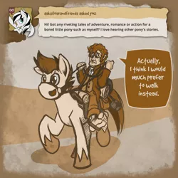 Size: 700x700 | Tagged: artist:romanrazor, ask crackpot, bilbo baggins, crossover, derpibooru import, frown, lord of the rings, oc, oc:crackpot, open mouth, raised hoof, riding, safe, smiling, the hobbit, tumblr, unshorn fetlocks, walking