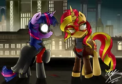 Size: 1377x944 | Tagged: safe, artist:supermare, derpibooru import, sunset shimmer, twilight sparkle, twilight sparkle (alicorn), alicorn, pony, batman, batman and robin, crossover, dc comics, female, jason todd, mare, red hood, robin, tim drake