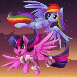 Size: 4000x4000 | Tagged: safe, artist:thenornonthego, derpibooru import, rainbow dash, twilight sparkle, twilight sparkle (alicorn), alicorn, pony, cloud, cloud wings, cloudy, cute, duo, duo female, female, fluffy, flying, happy, mare, open mouth, raised eyebrow, smiling, spread wings, sunset, upside down