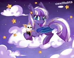 Size: 1280x1015 | Tagged: dead source, safe, artist:spookyle, derpibooru import, oc, oc:sweet lullaby, unofficial characters only, bat, bat pony, pony, cloud, cloudy, fangs, pet, pet oc, solo, stars, tangible heavenly object