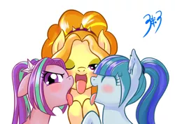 Size: 2064x1464 | Tagged: suggestive, artist:congee-painting, derpibooru import, adagio dazzle, aria blaze, sonata dusk, ponified, blushing, floppy ears, the dazzlings, tongue out, wink