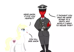 Size: 1522x1080 | Tagged: safe, artist:anonymous, artist:anonymousdrawfig, derpibooru import, oc, oc:anon, oc:aryanne, unofficial characters only, earth pony, human, pony, /pone/, 8chan, armband, belt, boots, clothes, fascism, female, germany, happy, hat, heart, looking up, nazi, party, red anon, side, swastika, talking, text, uniform