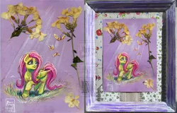 Size: 1116x715 | Tagged: artist:arainmorn, butterfly, craft, cute, derpibooru import, dried flowers, flower, fluttershy, for sale, gouache, grass, grin, looking up, pen, picture frame, raised hoof, raised leg, safe, smiling, solo, traditional art