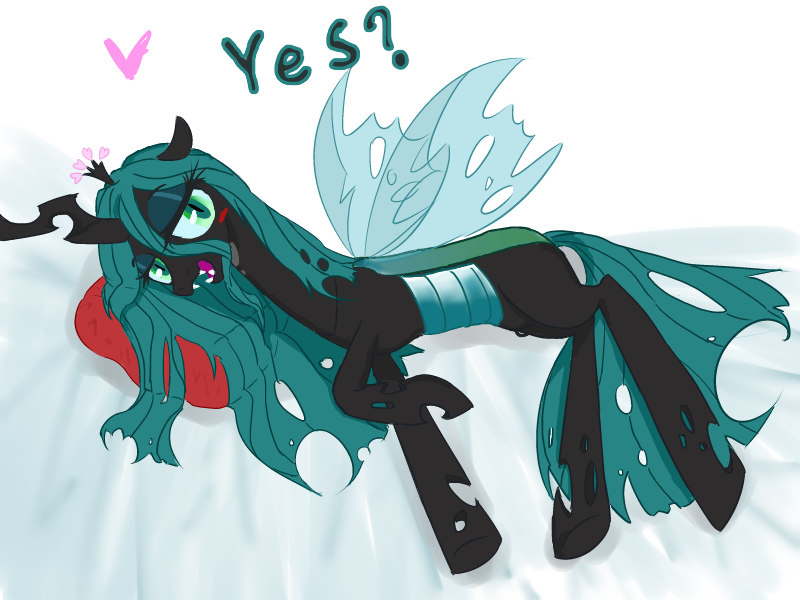 Size: 800x600 | Tagged: artist:1583, bedroom eyes, blushing, derpibooru import, heart, looking at you, pillow, pixiv, queen chrysalis, safe, side, solo