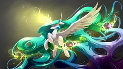 Size: 1920x1080 | Tagged: action pose, derpibooru import, elements of harmony, glowing eyes, glowing horn, impossibly long hair, impossibly long tail, jewelry, levitation, magic, princess celestia, regalia, safe, solo, spread wings, wallpaper