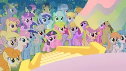 Size: 1366x768 | Tagged: safe, derpibooru import, screencap, amethyst star, berry punch, berryshine, bon bon, candy mane, carrot top, cherry berry, cloud kicker, coco crusoe, daisy, derpy hooves, dizzy twister, doctor whooves, flower wishes, golden harvest, lemon hearts, lightning bolt, linky, lyra heartstrings, minuette, orange box, orange swirl, ponet, princess celestia, shoeshine, sweetie drops, time turner, twilight sparkle, twinkleshine, white lightning, pegasus, pony, the cutie mark chronicles, background pony, blank flank, female, grin, looking up, mare, open mouth, princess celestia's hair, smiling, watching, younger
