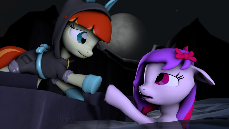 Size: 1024x576 | Tagged: 3d, artist:fd-daylight, cute, derpibooru import, help, help me, oc, oc:film flick, oc:silent song, ponysona, rescue, safe, shipping, silentflick, source filmmaker, unofficial characters only, water