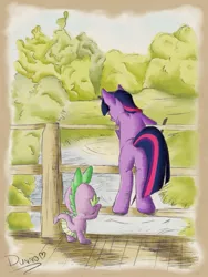 Size: 775x1031 | Tagged: artist:dunnowhattowrite, bridge, derpibooru import, reference, river, safe, spike, twilight sparkle, winnie the pooh