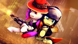 Size: 1280x720 | Tagged: 3d, artist:sourcerabbit, attack, cute, derpibooru import, fire, flamethrower, frown, glare, gritted teeth, hat, helmet, oc, oc:film flick, oc:silent song, pony fortress 2, pyro, safe, solo, source filmmaker, team fortress 2, unofficial characters only, weapon, wizard hat