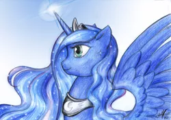 Size: 1920x1346 | Tagged: artist:leiladrake, derpibooru import, magic, princess luna, safe, solo, spread wings, traditional art