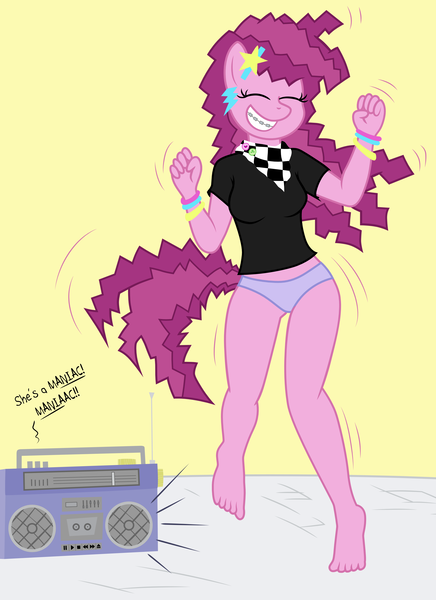 Size: 2171x2991 | Tagged: suggestive, artist:liggliluff, artist:tolpain, derpibooru import, cheerilee, anthro, earth pony, plantigrade anthro, 80s, 80s cheerilee, 80's fashion, 80s hair, barefoot, boombox, bracelet, braces, cheeribetes, clothes, cute, dancing, feet, female, music, panties, purple underwear, radio, solo, solo female, underwear, vector