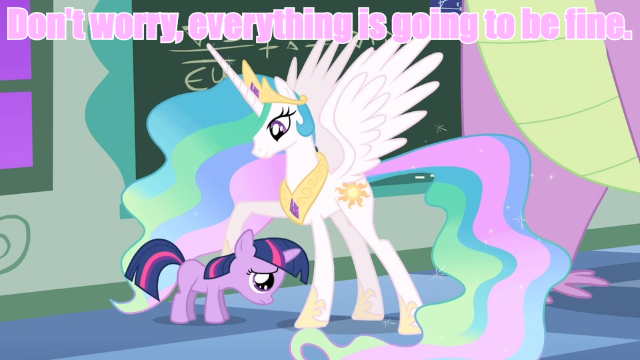 Size: 640x360 | Tagged: comforting, derpibooru import, image macro, meme, pink text, princess celestia, safe, twilight sparkle