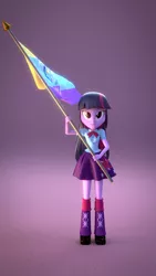 Size: 1080x1920 | Tagged: safe, artist:3d thread, artist:creatorofpony, derpibooru import, twilight sparkle, twilight sparkle (alicorn), equestria girls, /mlp/, 3d, 3d model, 4chan cup, blender, boots, clothes, equestrian flag, flag, flag pole, looking at you, shirt, skirt, smiling, solo, standing