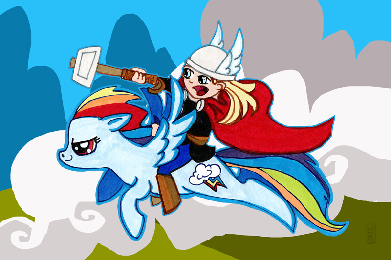 Size: 800x533 | Tagged: safe, artist:dancingheron, derpibooru import, rainbow dash, marvel comics, thor