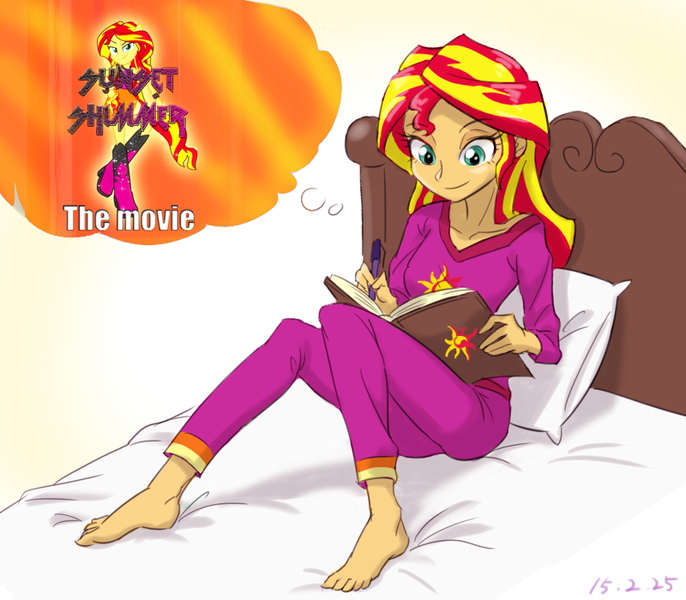 Size: 800x700 | Tagged: safe, artist:ta-na edits, derpibooru import, sunset shimmer, equestria girls, barefoot, clothes, exploitable meme, feet, journey book, meme, movie, pajamas, solo, sunset's daydream