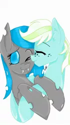 Size: 1024x1826 | Tagged: safe, artist:anglafireflare, derpibooru import, oc, oc:dizzy dreamer, oc:dizzy feather, unofficial characters only, changeling, earth pony, pony, cute, eyes closed, female, freckles, hug, kissing, male, smiling, stallion