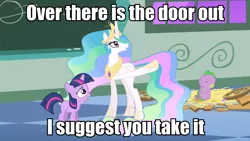 Size: 960x540 | Tagged: safe, derpibooru import, edit, edited screencap, screencap, princess celestia, spike, twilight sparkle, alicorn, dragon, pony, unicorn, the cutie mark chronicles, baby, baby dragon, ethereal mane, female, filly, filly twilight sparkle, gtfo, image macro, mare, meme, raised hoof, younger