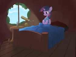 Size: 1280x950 | Tagged: safe, artist:yoditax, derpibooru import, twilight sparkle, twilight sparkle (alicorn), alicorn, pony, bed, bedroom, candle, clothes, female, golden oaks library, mare, morning, pajamas, shirt, solo, telescope, window