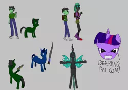 Size: 1600x1125 | Tagged: safe, artist:derek the metagamer, derpibooru import, queen chrysalis, twilight sparkle, oc, oc:derek the metagamer, changeling, equestria girls, angry, equestria girls-ified, firealpaca, glare, gunblade, laser gun, random pony