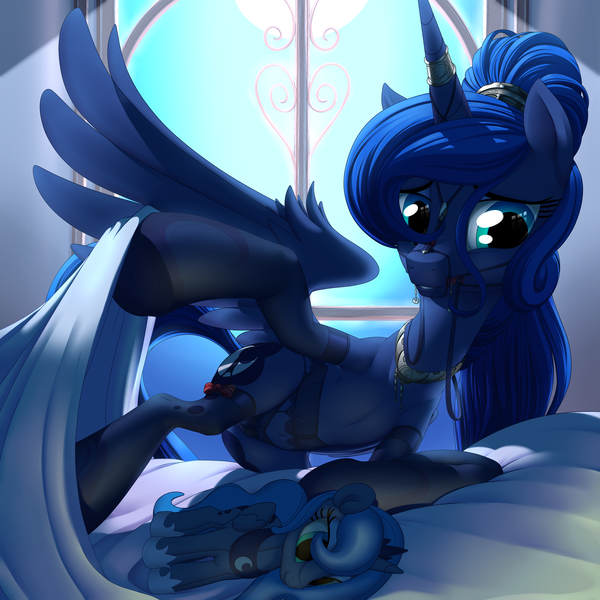 Size: 5000x5000 | Tagged: suggestive, artist:stoic5, derpibooru import, princess luna, alicorn, pony, absurd resolution, alternate hairstyle, backlighting, bed, bra, bra on pony, branties, bridle, clothes, crotchboobs, female, horn ring, image, lingerie, mare, panties, plushie, png, self plushidox, sheet, solo, solo female, stockings, underhoof, underwear, window