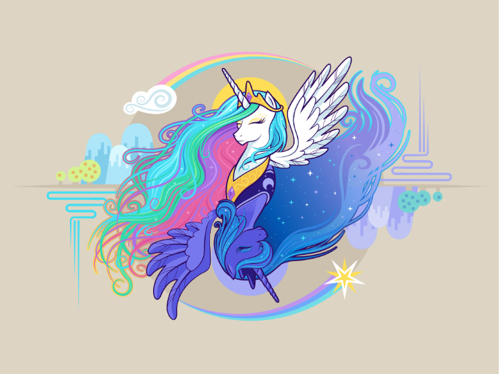 Size: 720x540 | Tagged: safe, artist:ctrl-alt-delete, derpibooru import, princess celestia, princess luna, duality, eyes closed, smiling, spread wings, yin-yang