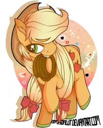 Size: 1024x1271 | Tagged: applejack, artist:sofilut, clothes, derpibooru import, freckles, hair bow, hat, mouth hold, rope, safe, shoes, simple background, solo, transparent background