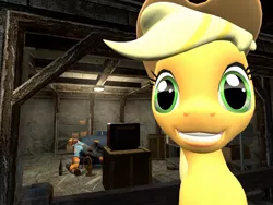 Size: 900x675 | Tagged: 3d, applejack, basement, couch, crossover, derpibooru import, drink, engineer, gmod, safe, sleepy, smiling, team fortress 2, television