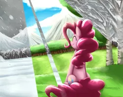 Size: 3583x2836 | Tagged: safe, artist:otakuap, derpibooru import, pinkie pie, earth pony, pony, crepuscular rays, eyes closed, sitting, smiling, snow, snowfall, solo, summer, sunlight, winter