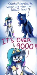 Size: 1200x2400 | Tagged: safe, artist:anticular, derpibooru import, princess celestia, princess luna, alicorn, pony, ask sunshine and moonbeams, bipedal, dragon ball z, duo, duo female, female, followers, it's over 9000, mare, meme, open mouth, over 9000, parody, scouter, tumblr, vegeta