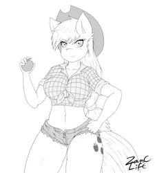 Size: 1800x2000 | Tagged: anthro, apple, applebucking thighs, applejack, artist:zanclife, breasts, busty applejack, dead source, derpibooru import, female, front knot midriff, grayscale, midriff, monochrome, solo, solo female, suggestive