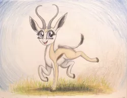 Size: 1019x784 | Tagged: animal in mlp form, antelope, artist:thefriendlyelephant, cloven hooves, derpibooru import, dust, galloping, grass, horns, oc, oc:mmiri, running, safe, smiling, solo, springbok, traditional art, unofficial characters only