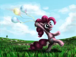 Size: 1024x768 | Tagged: safe, artist:xx-mr-no-name-xx, derpibooru import, pinkie pie, pony, balloon, bipedal, solo