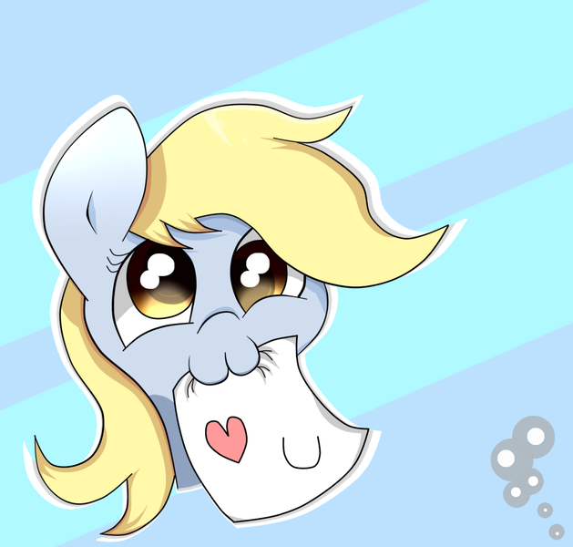 Size: 989x943 | Tagged: safe, artist:papibabidi, derpibooru import, derpy hooves, pegasus, pony, :3, cute, derpabetes, female, heart, i love you, letter, mare, mouth hold, solo