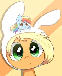 Size: 748x910 | Tagged: adventure time, applejack, artist:papibabidi, bunny ears, bust, derpibooru import, fionna, looking at you, micro, portrait, rainbow dash, safe, smiling, tiny ponies