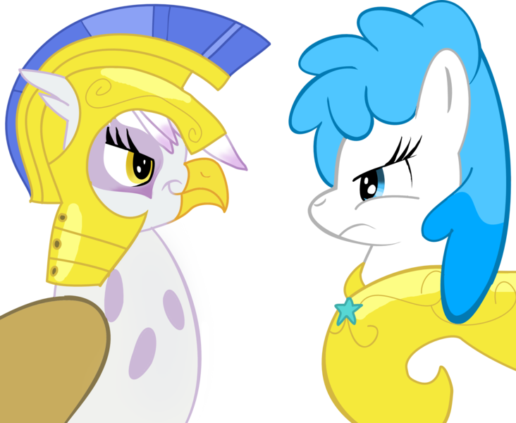 Size: 2310x1894 | Tagged: safe, artist:sketchysounds, derpibooru import, gilda, oc, oc:freeze pop, gryphon, armor, helmet