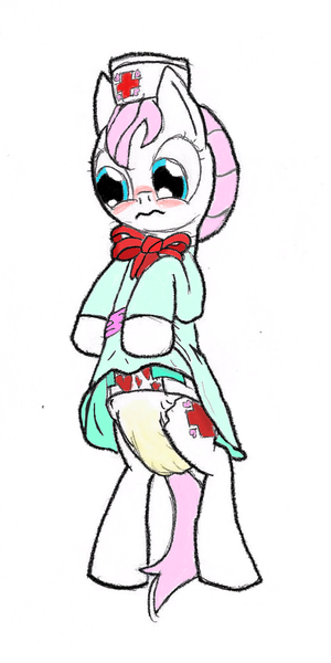 Size: 512x1024 | Tagged: questionable, artist:datspaniard, derpibooru import, nurse redheart, pony, bipedal, blushing, colored, diaper, diaper fetish, embarrassed, female, solo, solo female, urine, watersports, wet diaper