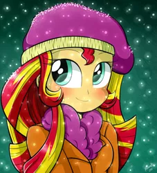 Size: 960x1056 | Tagged: safe, artist:riouku, derpibooru import, sunset shimmer, equestria girls, blushing, clothes, cute, hat, scarf, shimmerbetes, smiling, snow, snowfall, solo, when she smiles