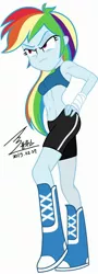 Size: 900x2488 | Tagged: safe, artist:bluse, derpibooru import, rainbow dash, equestria girls, abs, arm wraps, armpits, athletic tape, background removed, belly button, clothes, fit, midriff, muscles, rainbuff dash, show accurate, signature, simple background, solo, sports bra, sports shorts, white background