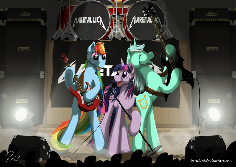 Size: 1920x1358 | Tagged: artist:bcrich40, derpibooru import, guitar, lyra heartstrings, metallica, microphone, rainbow dash, safe, show, twilight sparkle