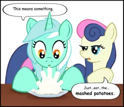Size: 800x687 | Tagged: artist:sslug, bon bon, bon bon is not amused, close encounters of the third kind, derpibooru import, dialogue, lyra heartstrings, mashed potatoes, movie reference, parody, safe, simple background, sweetie drops, white background