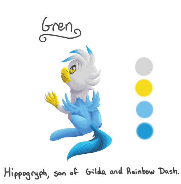 Size: 1232x1252 | Tagged: artist:glacialfalls, classical hippogriff, colt, cute, derpibooru import, hippogriff, interspecies offspring, magical lesbian spawn, male, oc, oc:gren, offspring, parent:gilda, parent:rainbow dash, parents:gildash, reference sheet, safe, simple background, solo, transparent background, unofficial characters only