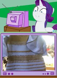 Size: 563x771 | Tagged: clothes, derpibooru import, dress, exploitable meme, meme, obligatory pony, rarity, safe, tv meme, white and gold or black and blue dress meme