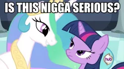 Size: 900x500 | Tagged: derpibooru import, edit, edited screencap, hub logo, image macro, meme, nigga, princess celestia, safe, screencap, the hub, twilight sparkle, vulgar