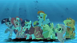 Size: 1265x708 | Tagged: safe, artist:sb1991, derpibooru import, applejack, fluttershy, pinkie pie, rainbow dash, rarity, twilight sparkle, pony, bubble, clothes, dress, gala dress, mane six, underwater, water